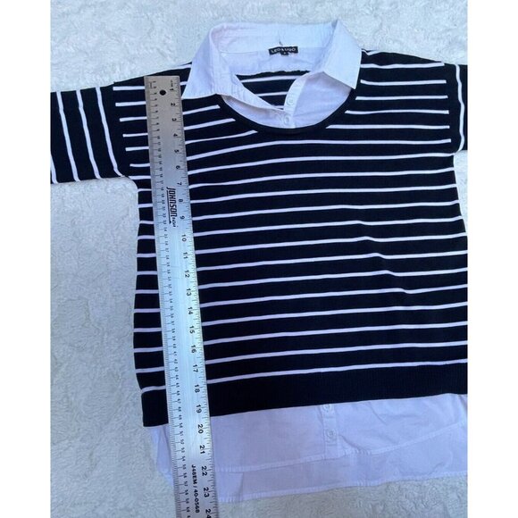 Leo & Ugo Womens Striped Collared Shirt Style Collar Sweater Size 2 Navy White - Picture 9 of 9